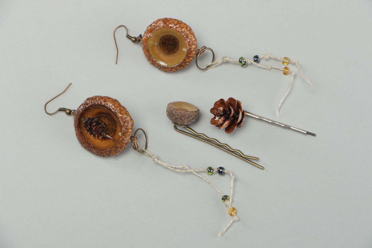 Set of accessories made of natural materials earrings and hair pins Forest photo 1