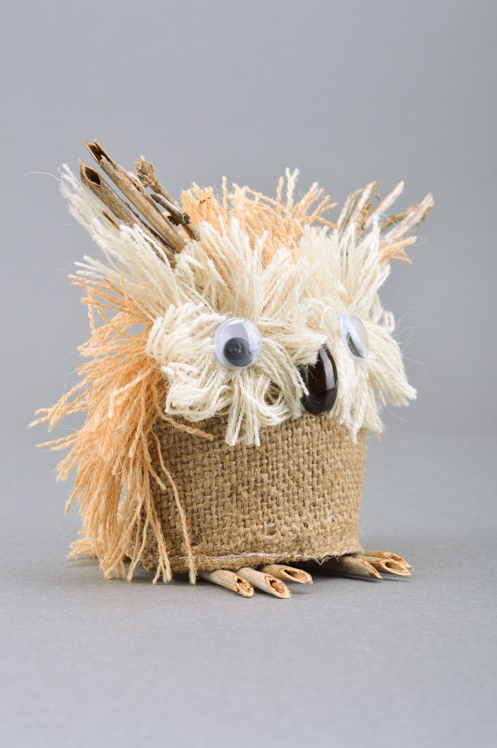 Small handmade owl figurine woven of wool and burlap for table decoration photo 5
