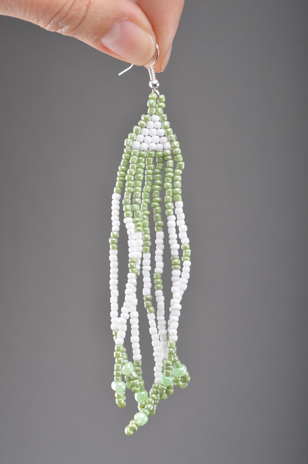 Handmade tender green and white long beaded earrings with fringe for romantic girl photo 3