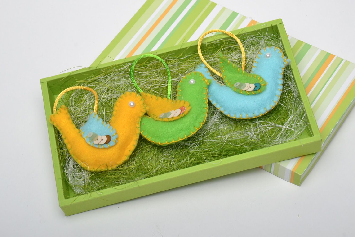Set of handmade soft interior decorations in the shape of birds 3 items with box photo 2