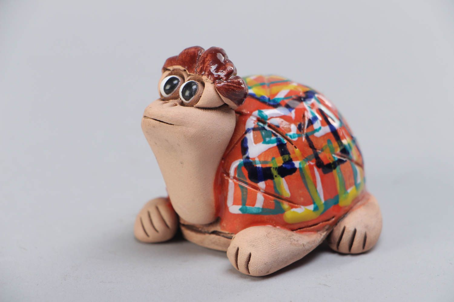 Nice small handmade ceramic statuette of turtle with painting photo 2