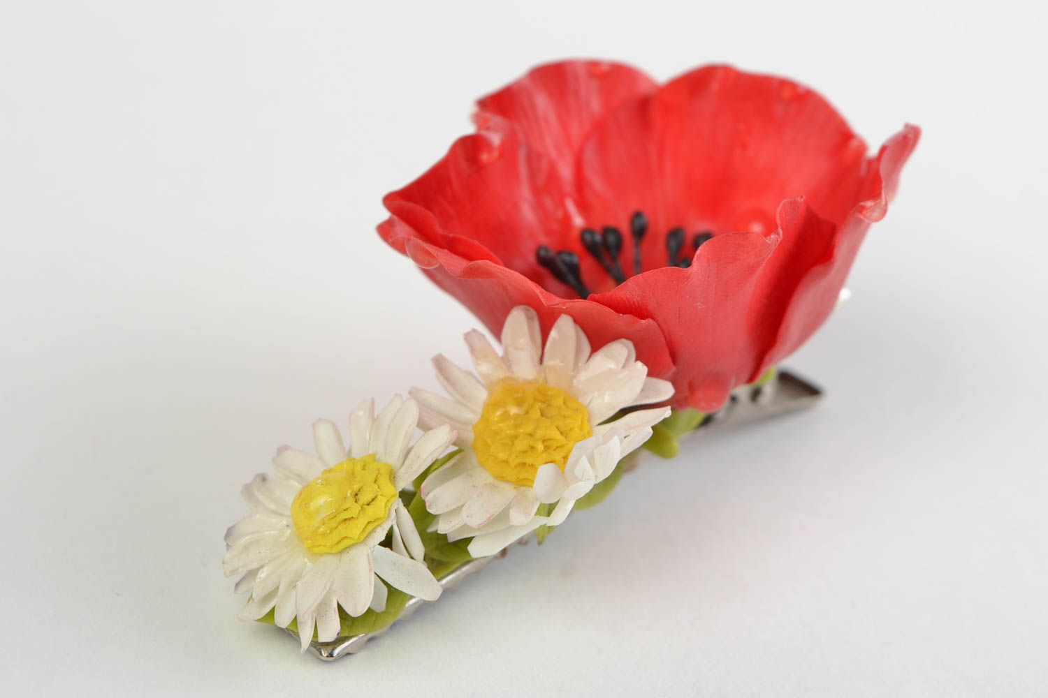 Beautiful handmade cold porcelain flower hair clip Poppy and Camomiles photo 3