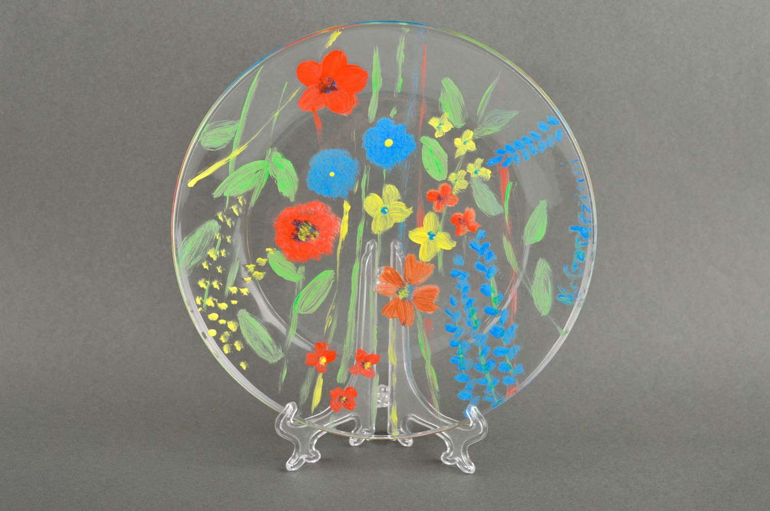 Тарелка ручной работы расписная посуда стеклянная тарелка Полевые цветы фото 2