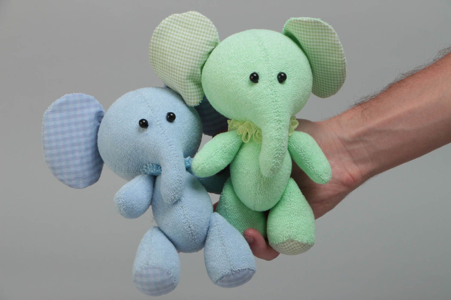 Set of 2 handmade small designer fabric soft toys elephants green and blue  photo 5