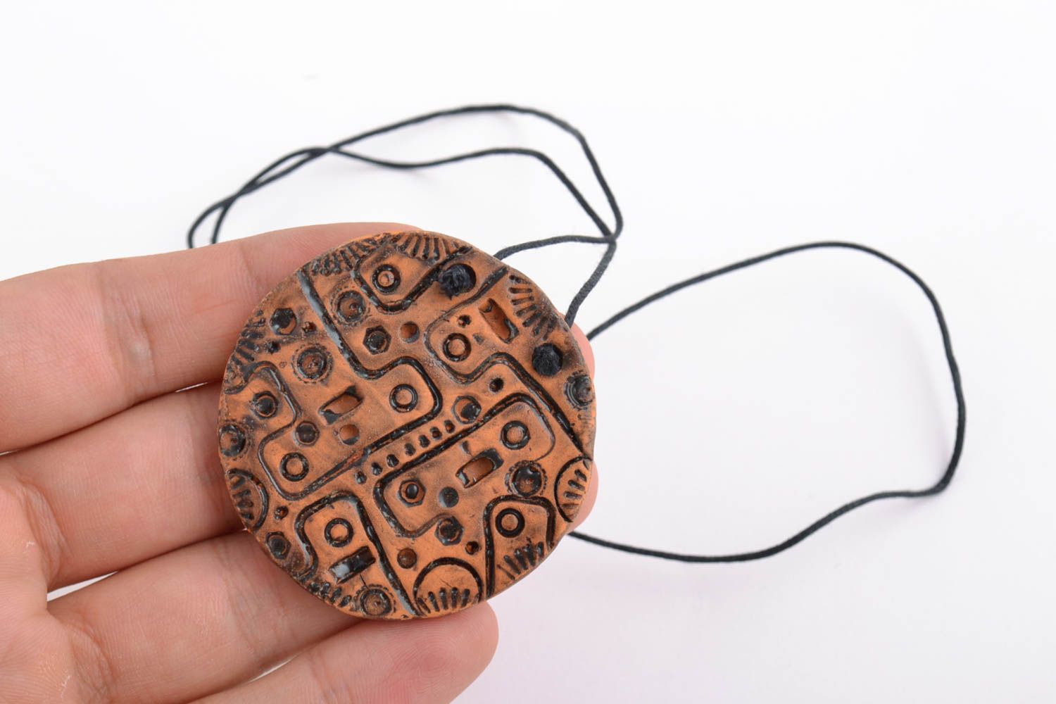 Handmade ethnic ceramic round pendant necklace with relief ornaments for women photo 2