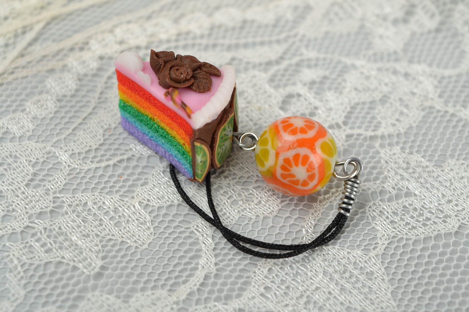 Beautiful homemade designer polymer clay keychain in the shape of cake photo 5