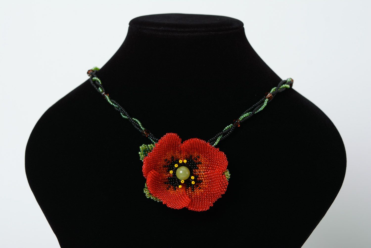 Handmade magnificent long necklace woven of beads in the shape of poppy flower photo 2