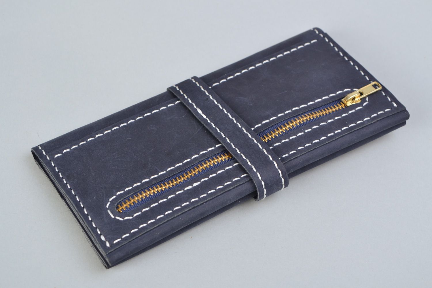 Portefeuille en cuir moyen bleu zippé fait main unisexe cadeau original photo 3