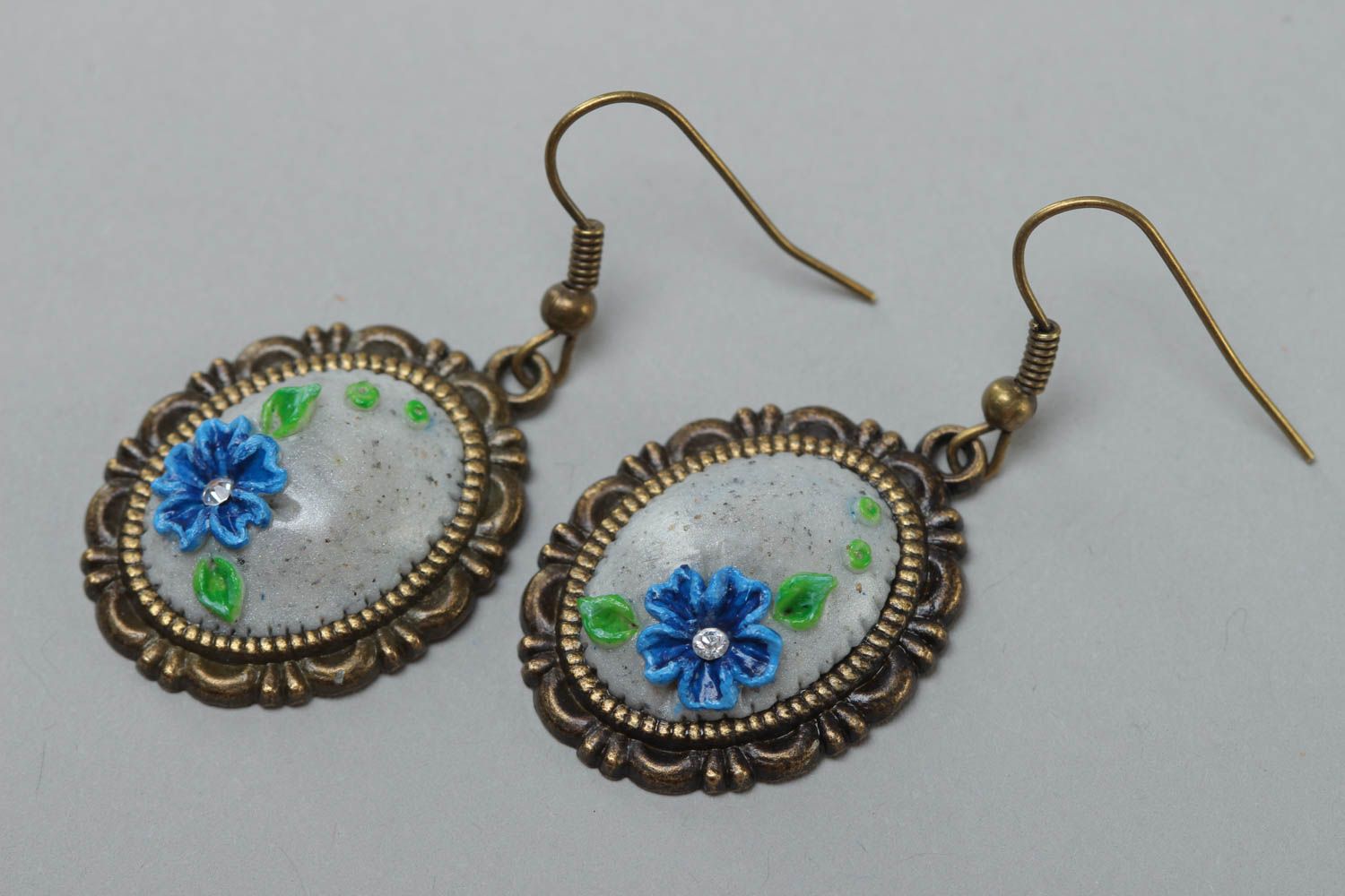 A set of handcrafted oval vintage earrings made of glass glaze with bluettes prints photo 2