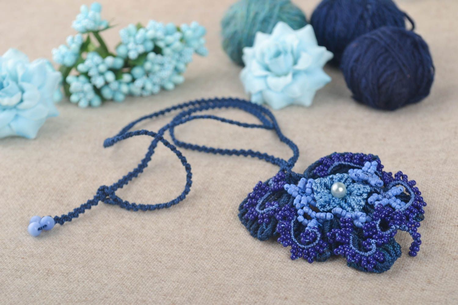 Handmade jewelry blue flower pendant beaded designer pendant cute present photo 1