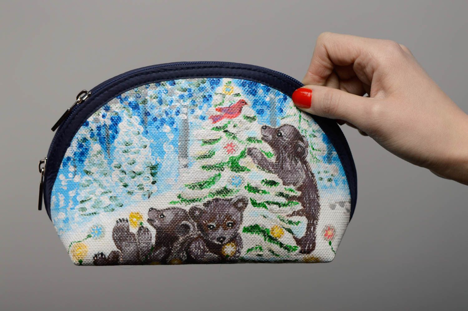 Denim cosmetic bag painted with acrylics Christmas Bears photo 3