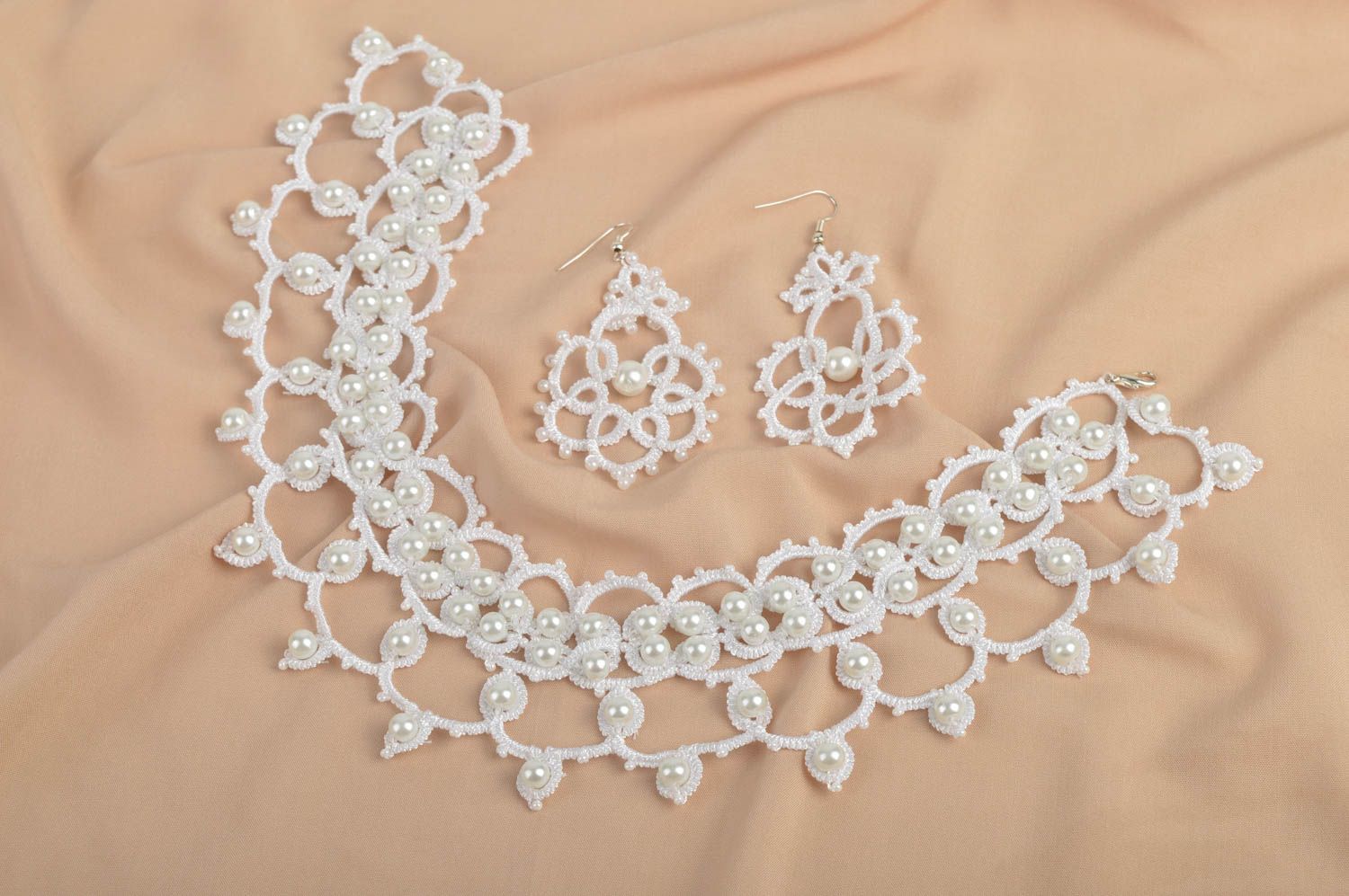 Elegant handmade jewelry set tatting necklace tatting earrings gifts for her photo 1