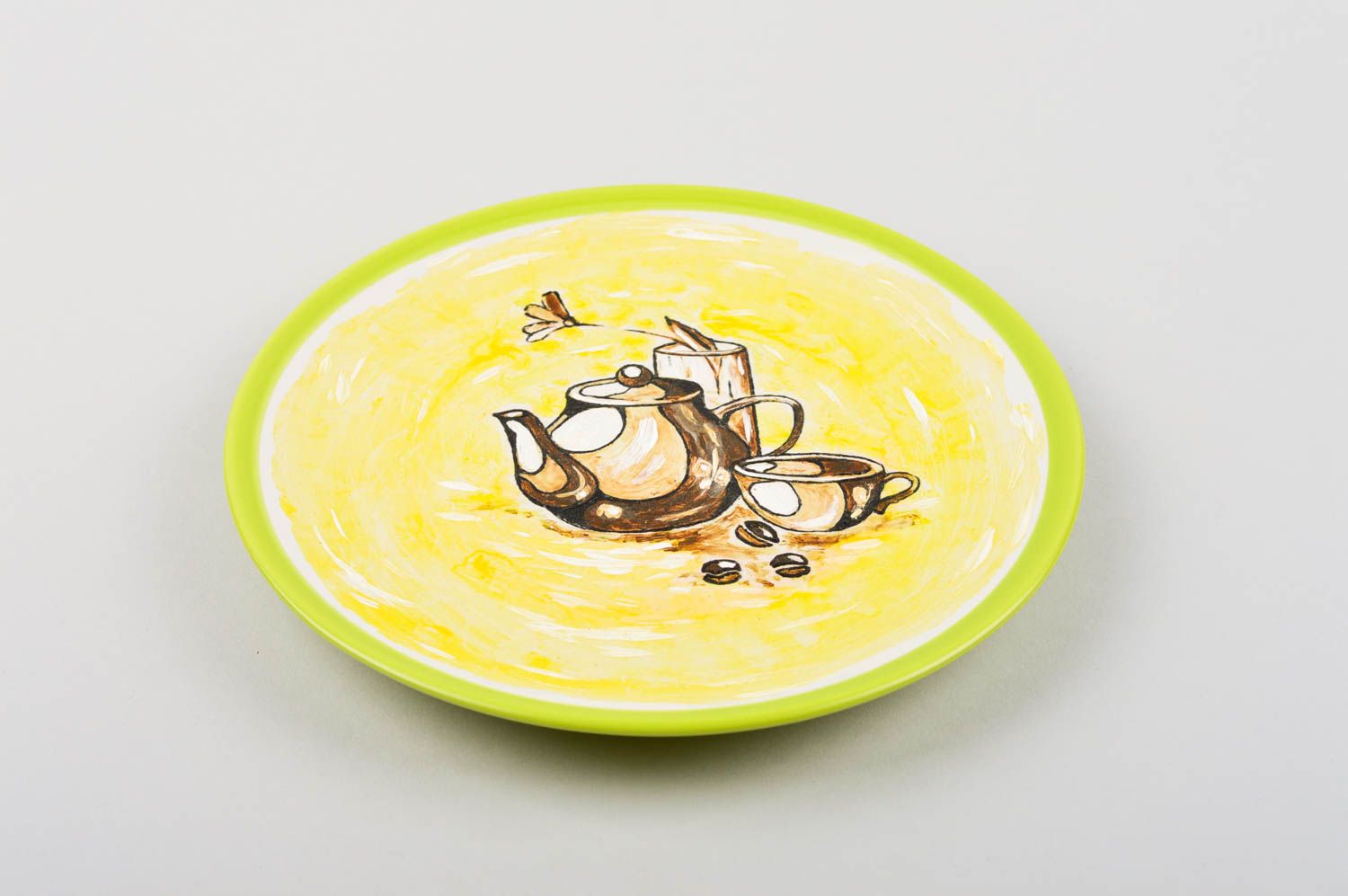 Керамическая тарелка ручной работы глиняная посуда расписная тарелка желтая фото 3