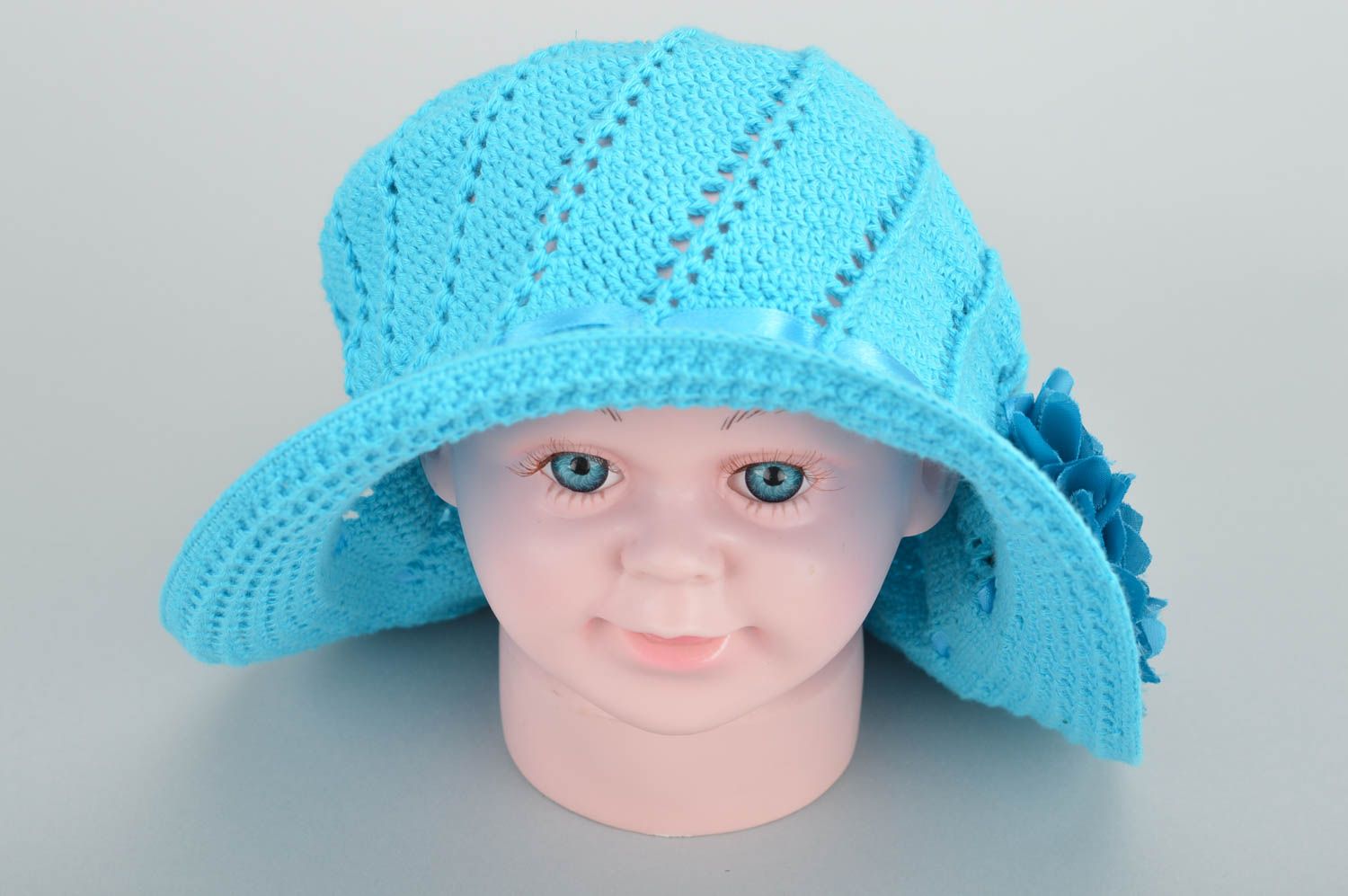 Handmade bright blue baby's hat crocheted of cotton threads Forget Me Not photo 2