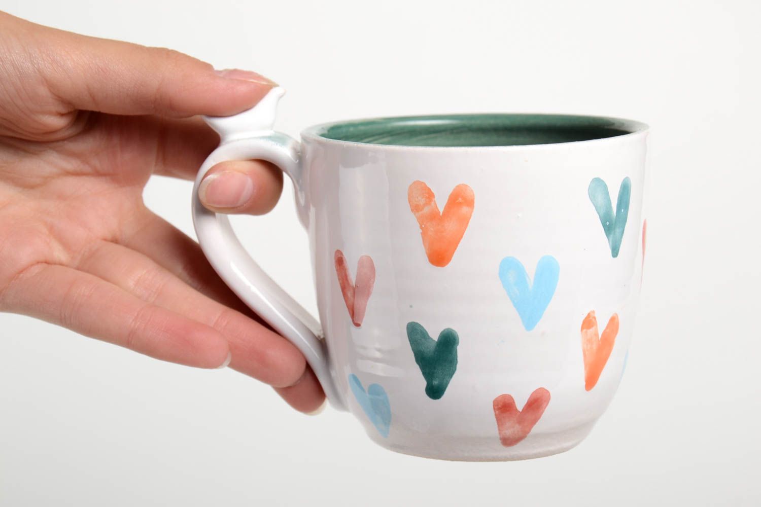 Unique porcelain ceramic 8 oz drinking cup with hearts in white color photo 2