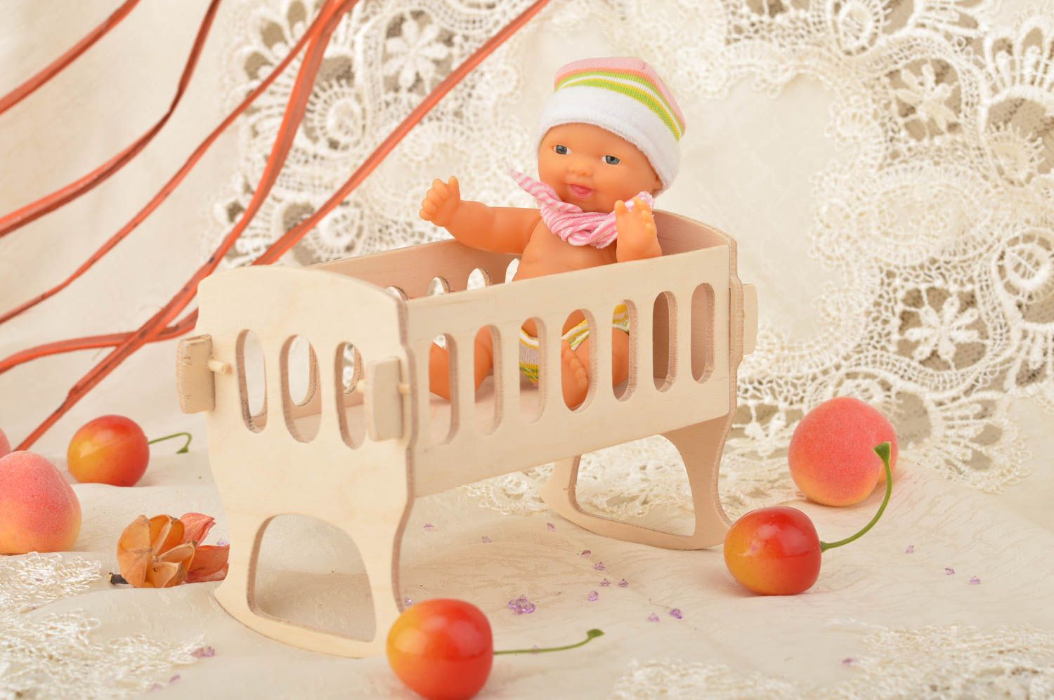 Handmade toy crib for dolls made of plywood small beautiful toy furniture photo 1
