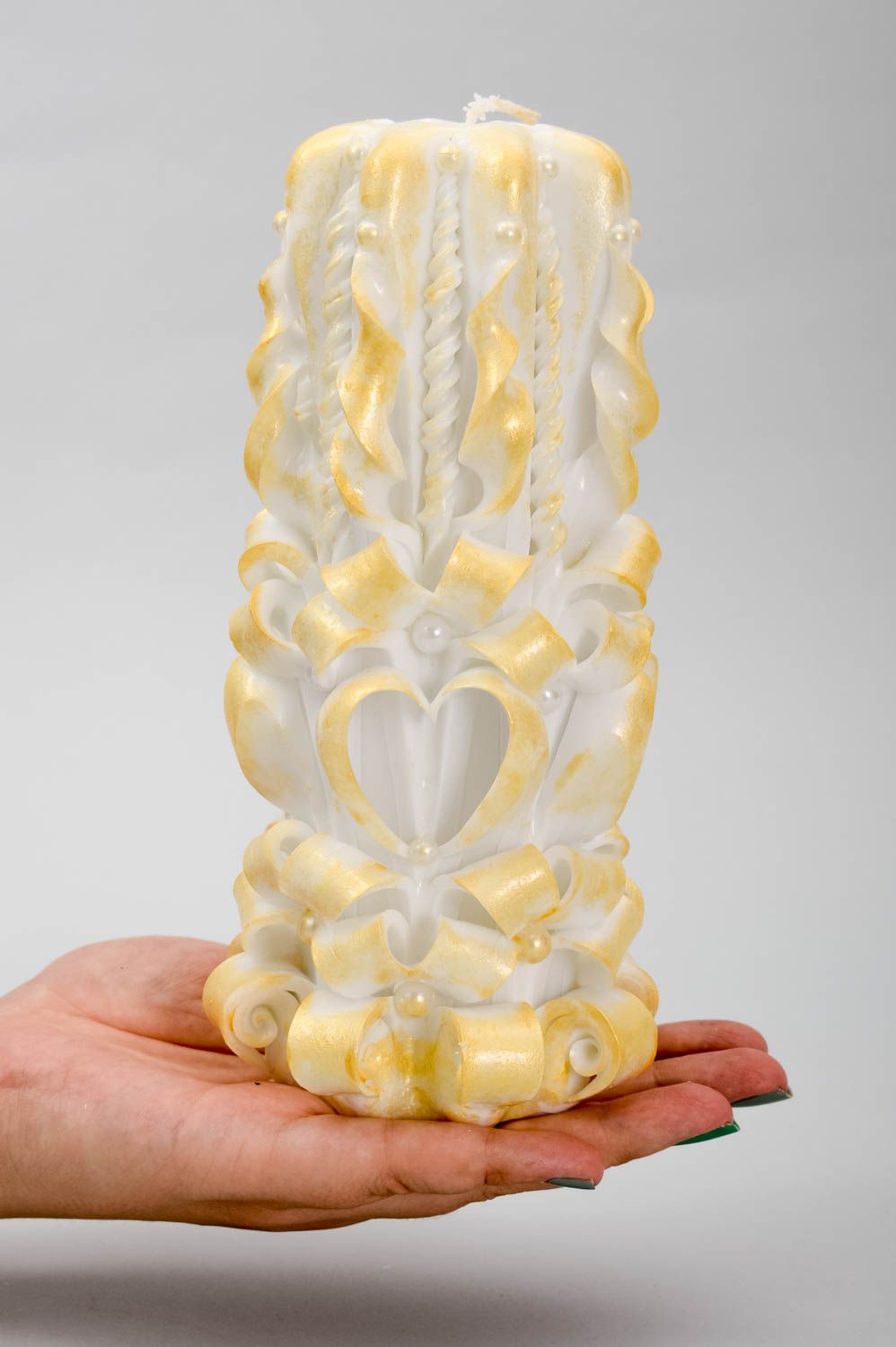 White & gold carved candle for table wedding home decore 8,27 inch, 1,53 lb photo 5