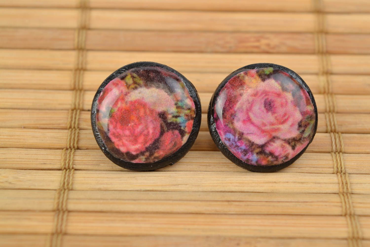 Handmade polymer clay round stud earrings with epoxy covering and decoupage roses photo 1
