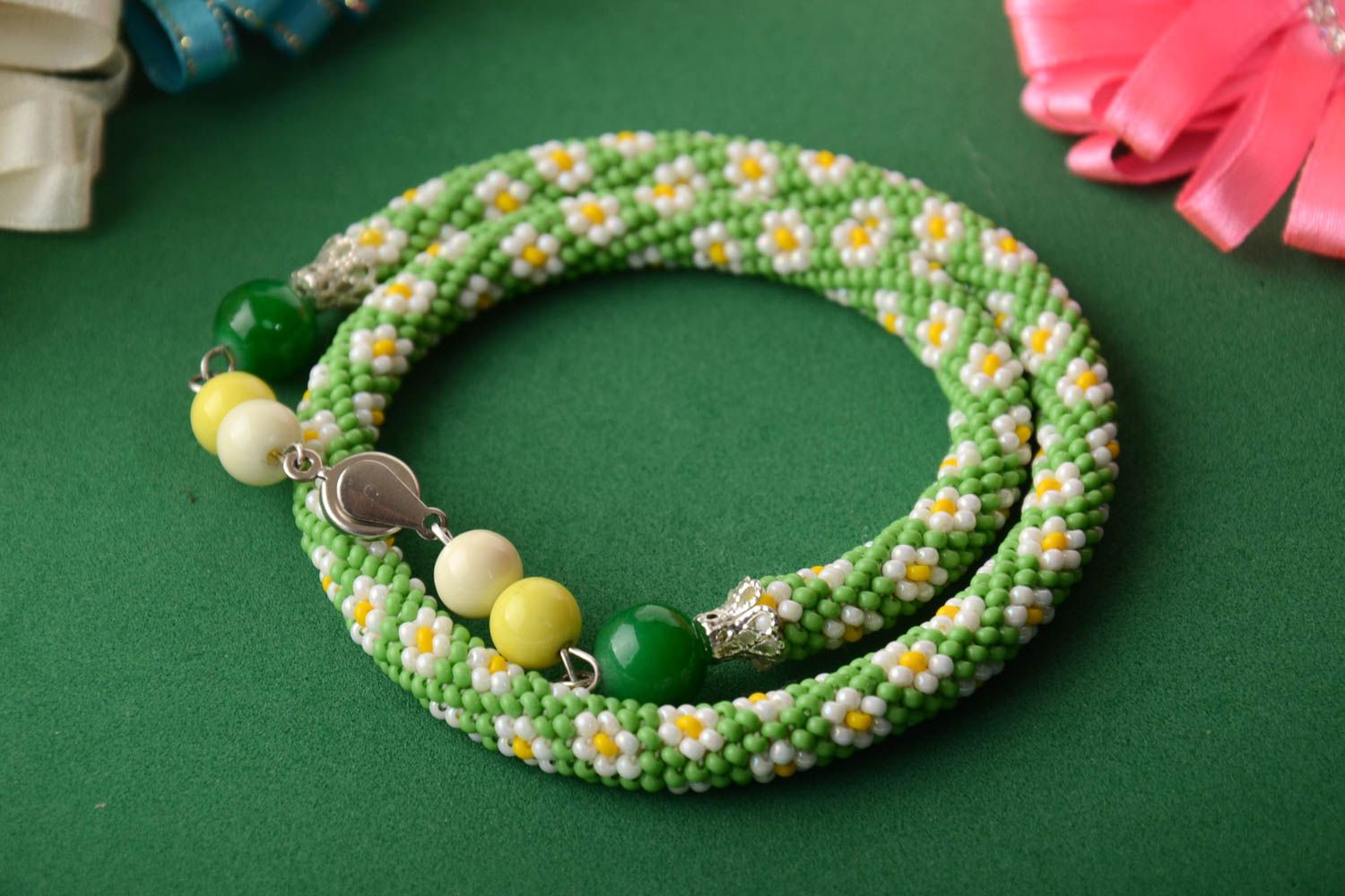 Light green cord beaded bracelet with chamomiles for women photo 1