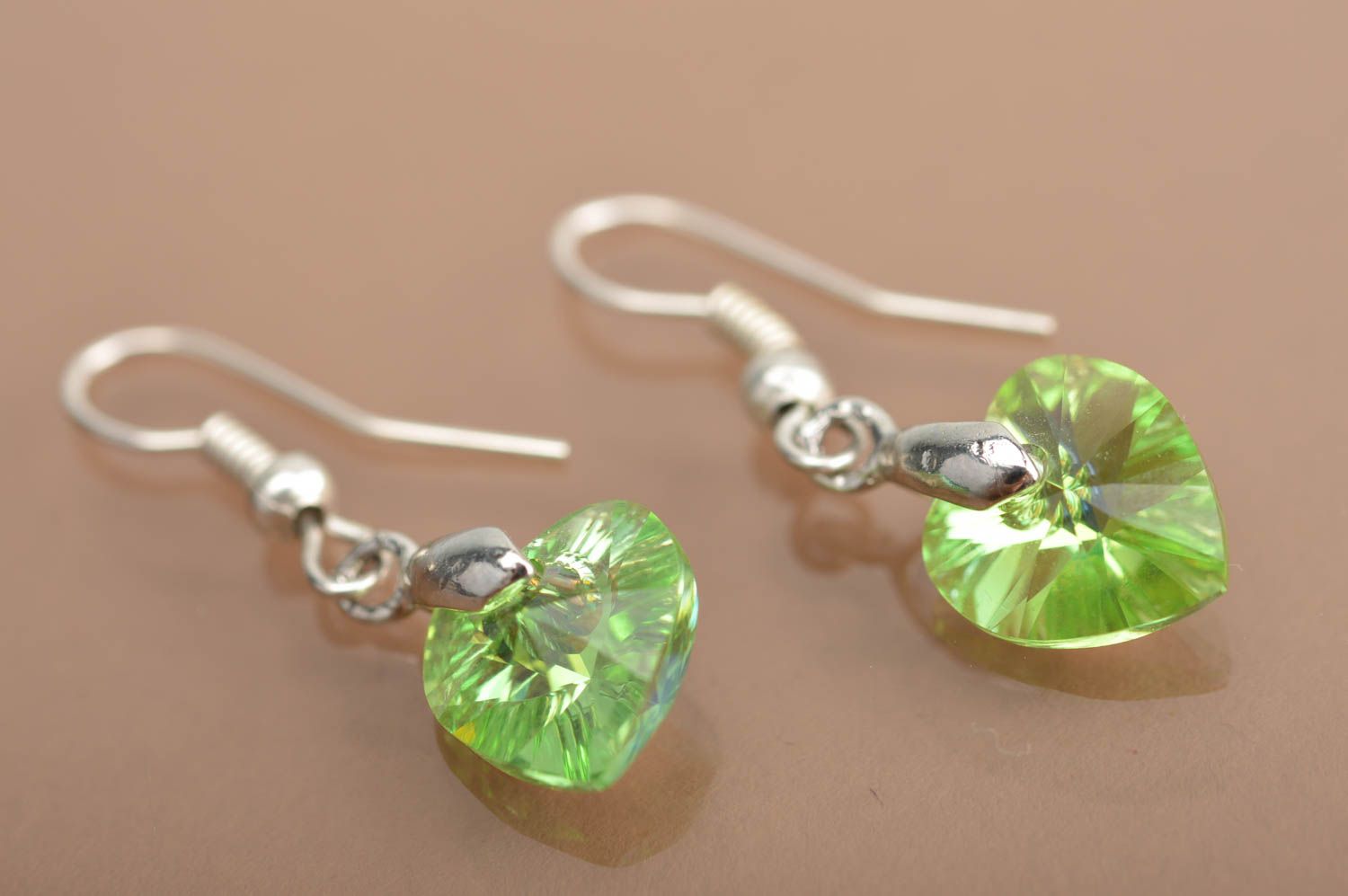 Handmade earrings with designer crystals in shape of small green hearts photo 2