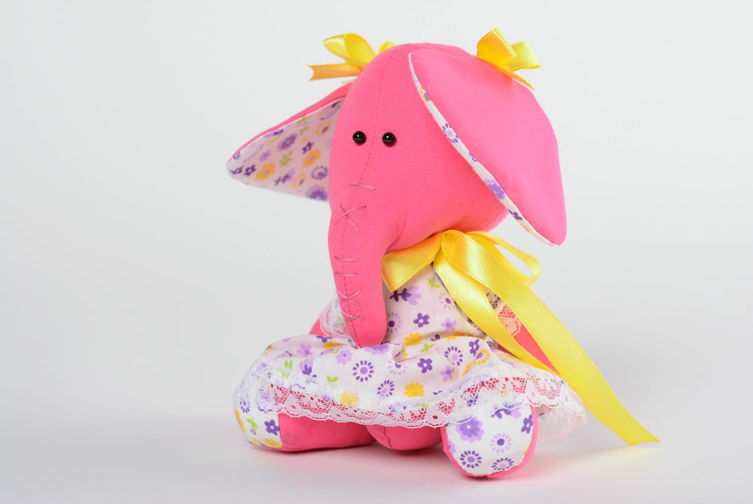 Handmade cotton soft toy pink elephant in floral dress with yellow ribbons photo 1
