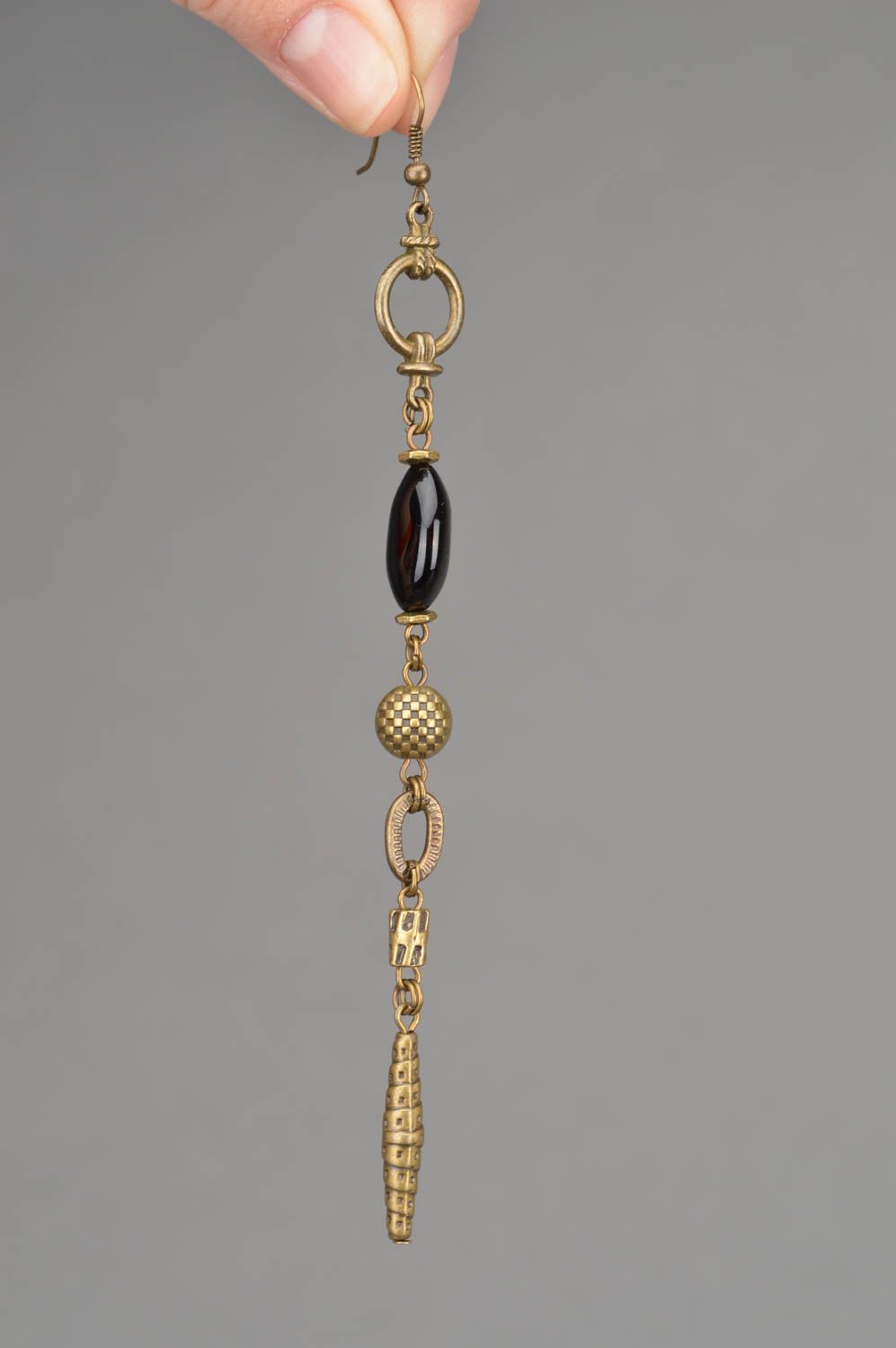 Handmade elegant long metal earrings with black beads ethnic Black Eye photo 3