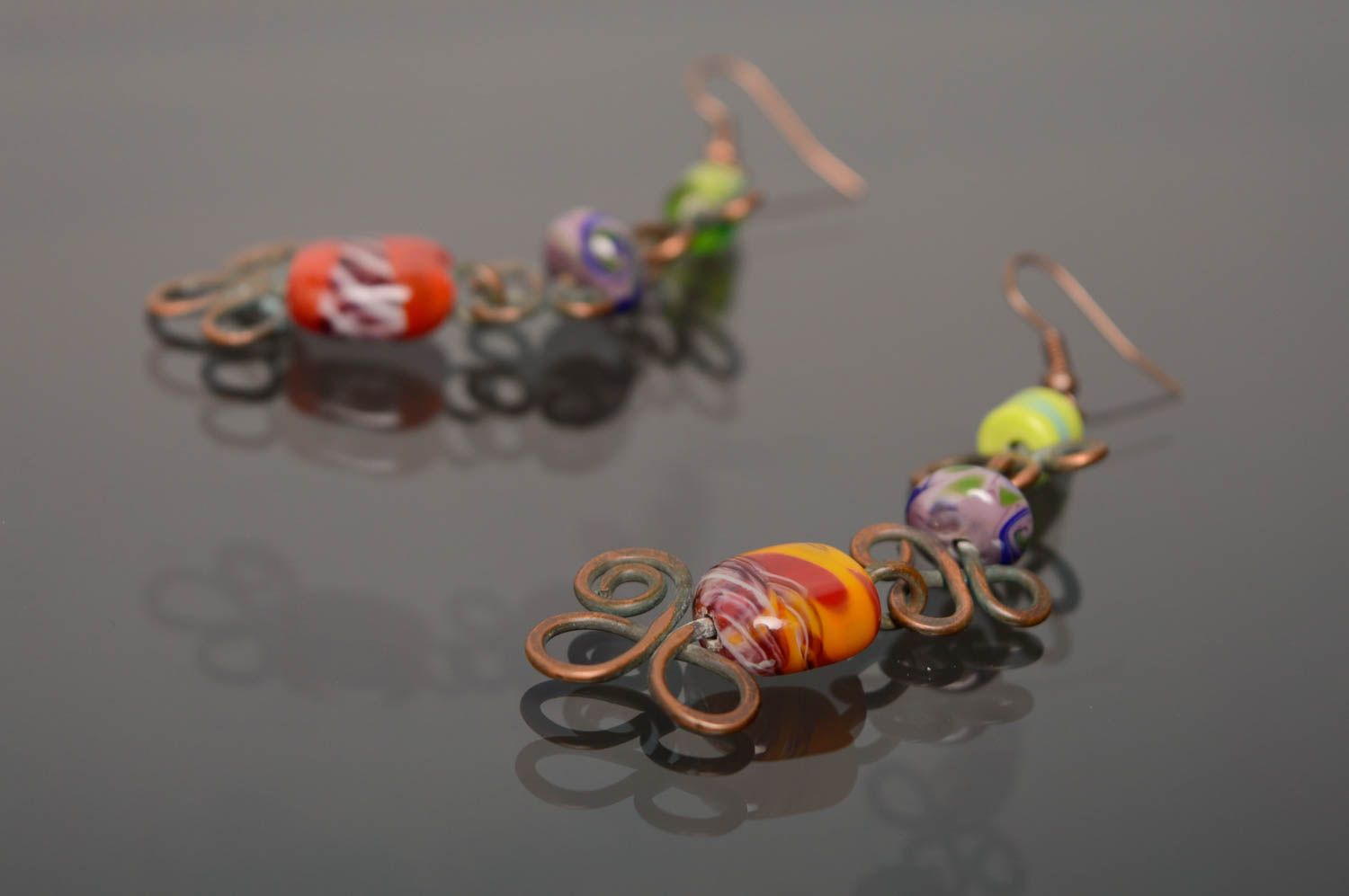 Wire wrap and lampwork long earrings The East photo 2