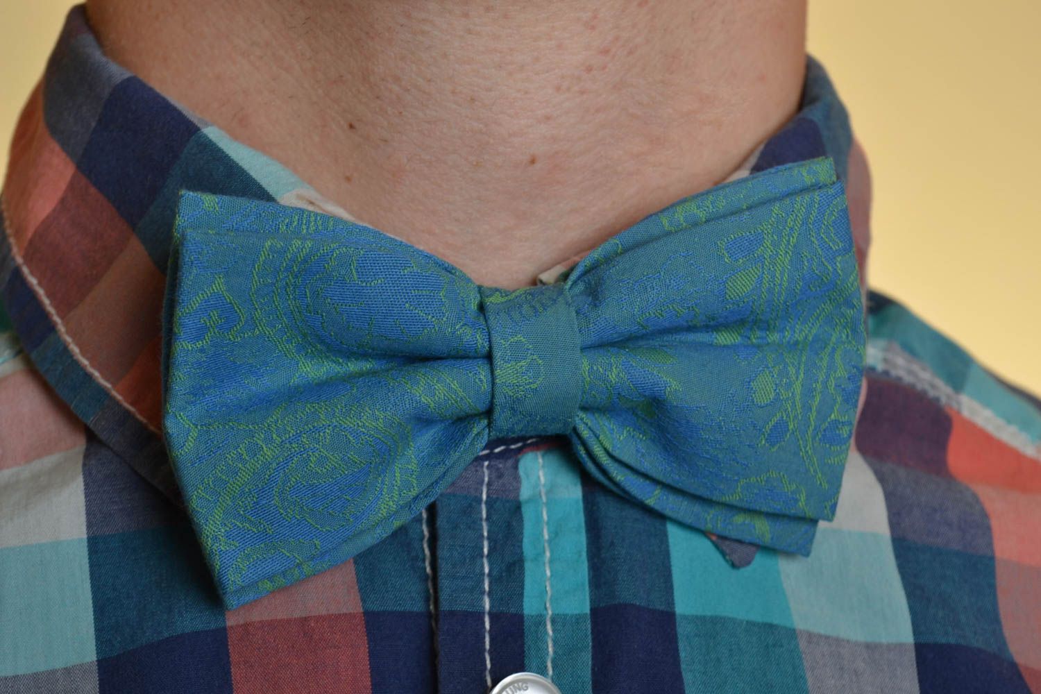 Beautiful homemade unusual textile bow tie of festive design photo 1