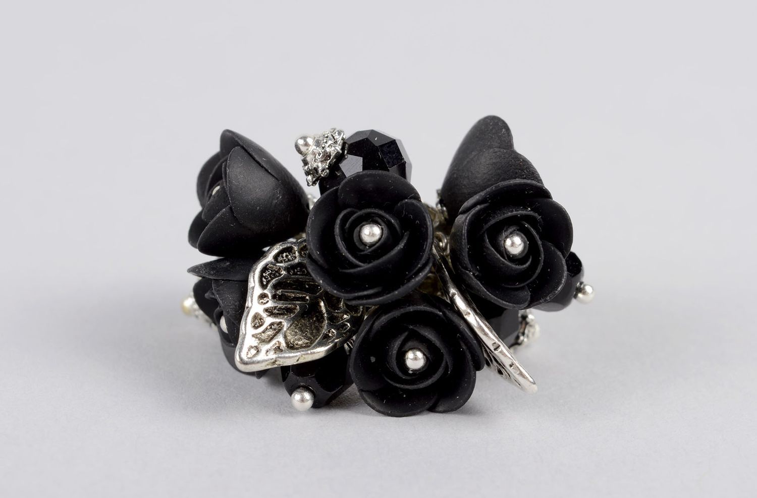 Flower ring black ring handmade polymer clay ring stylish ring women accessories photo 2