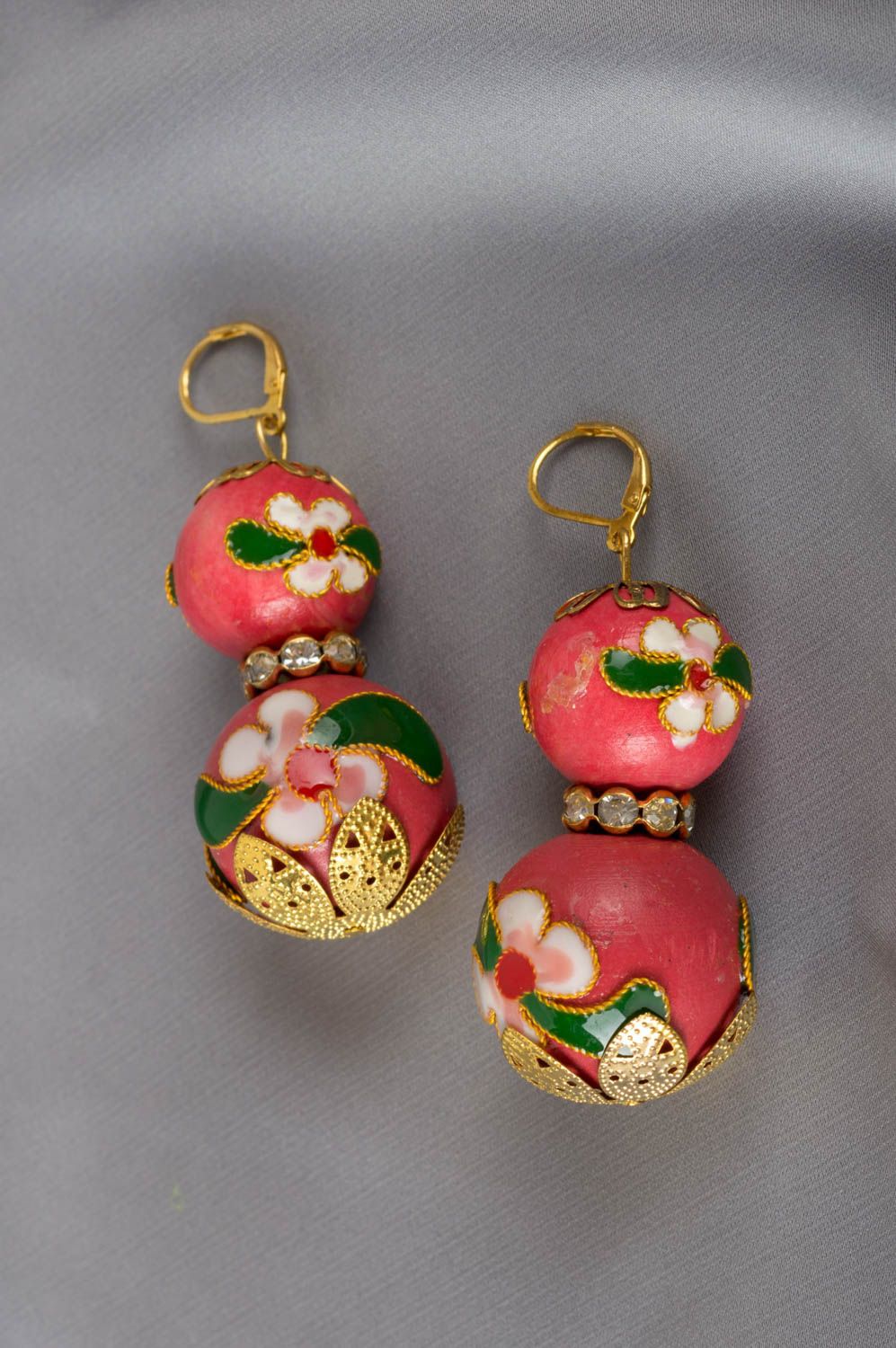 Handmade painted round earrings unusual wooden accessories earrings with charms photo 1