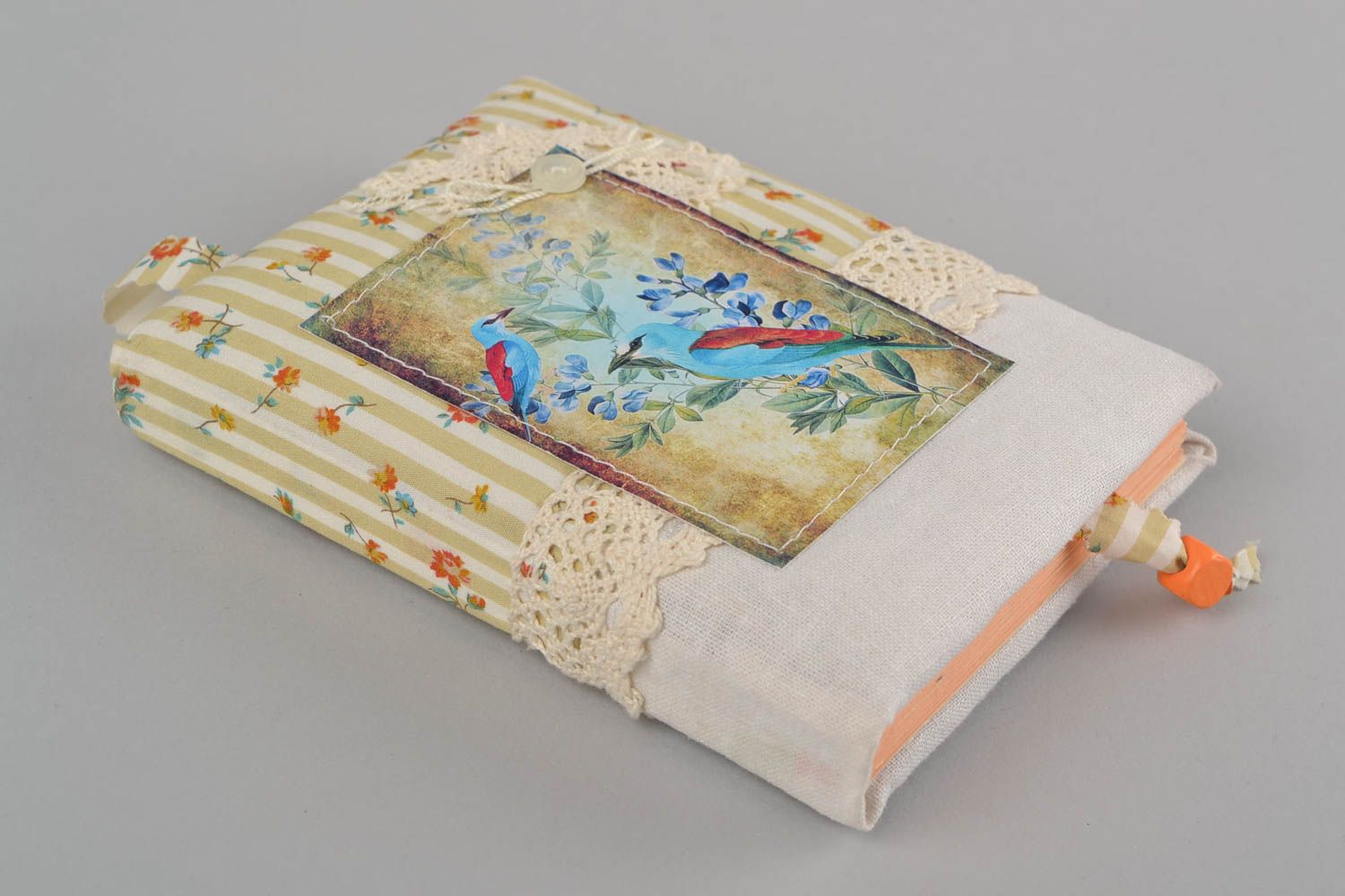 Carnet couverture en tissu avec dentelle fait main original 60 pages Oiseaux photo 3