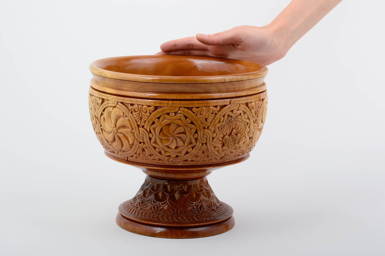 9 inches wide, 8 inches tall wooden handmade bowl vase with carvings 3,2 lb photo 5