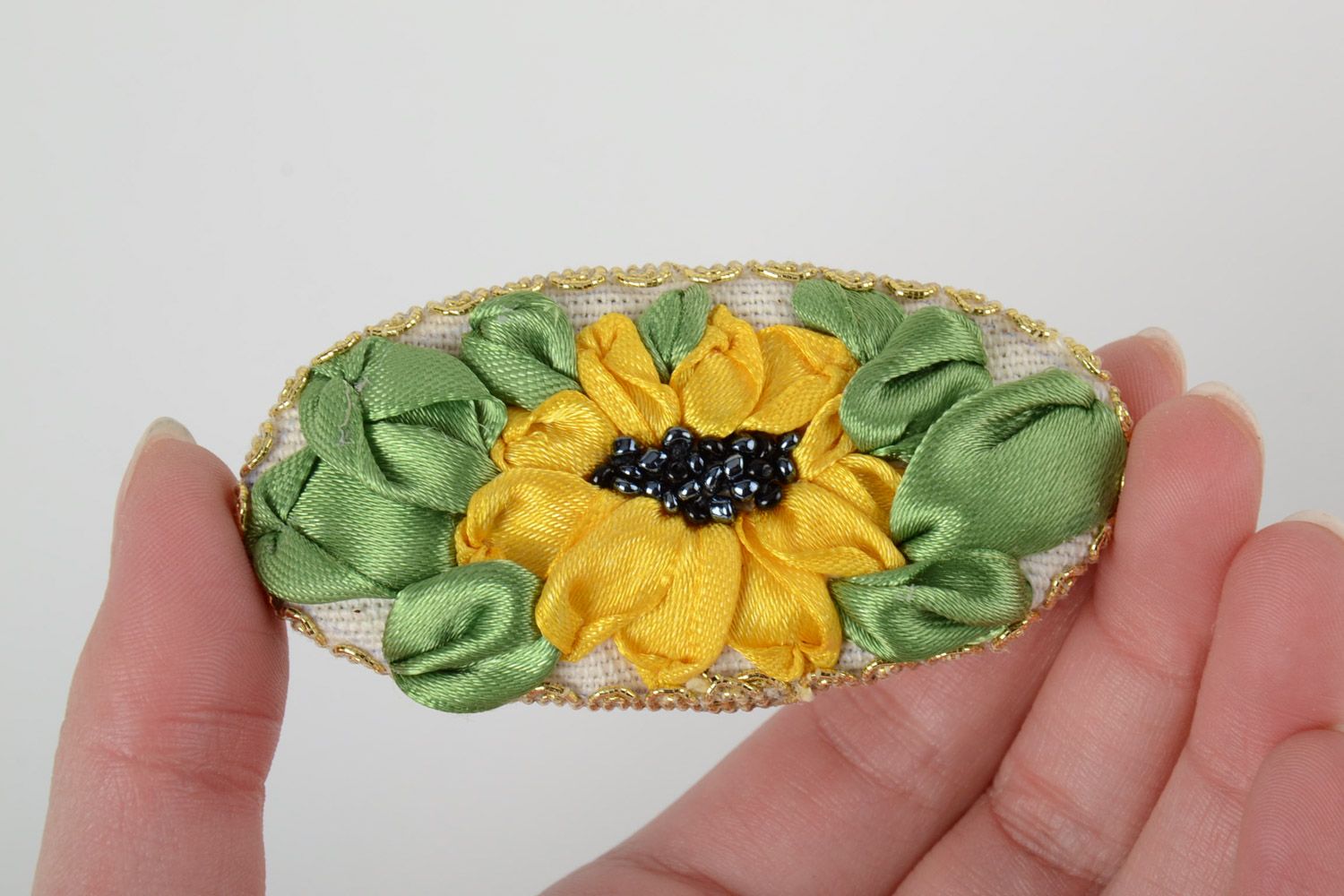 Handmade elegant yellow large oval brooch with ribbon embroidery photo 5