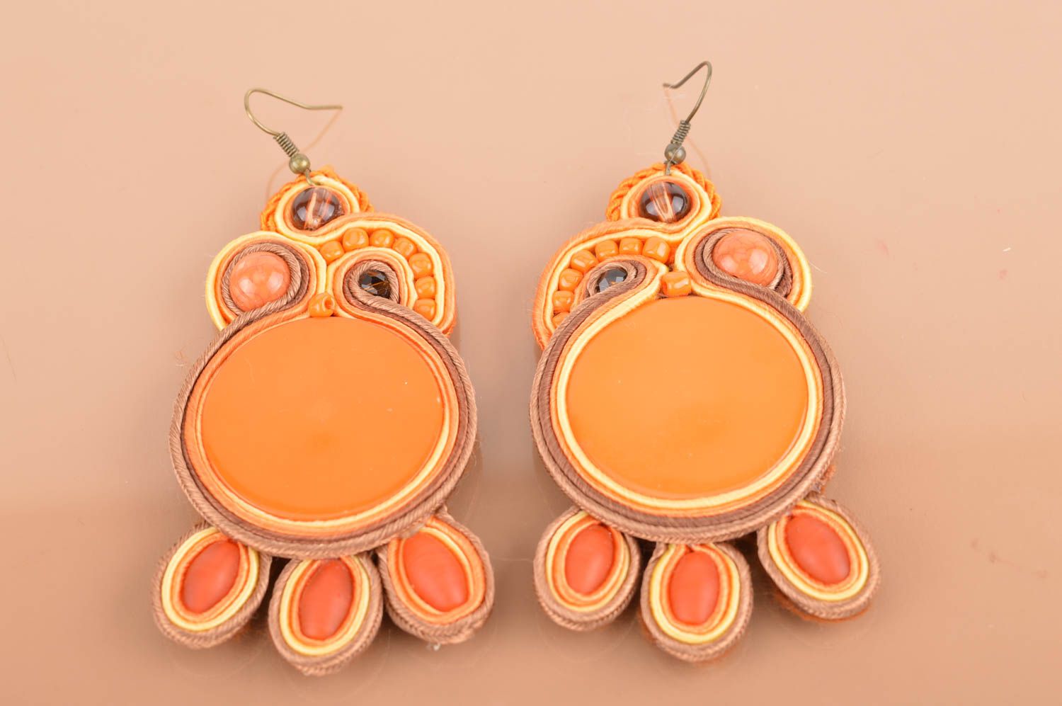 Unusual handmade long orange soutache earrings with beads designer jewelry photo 2