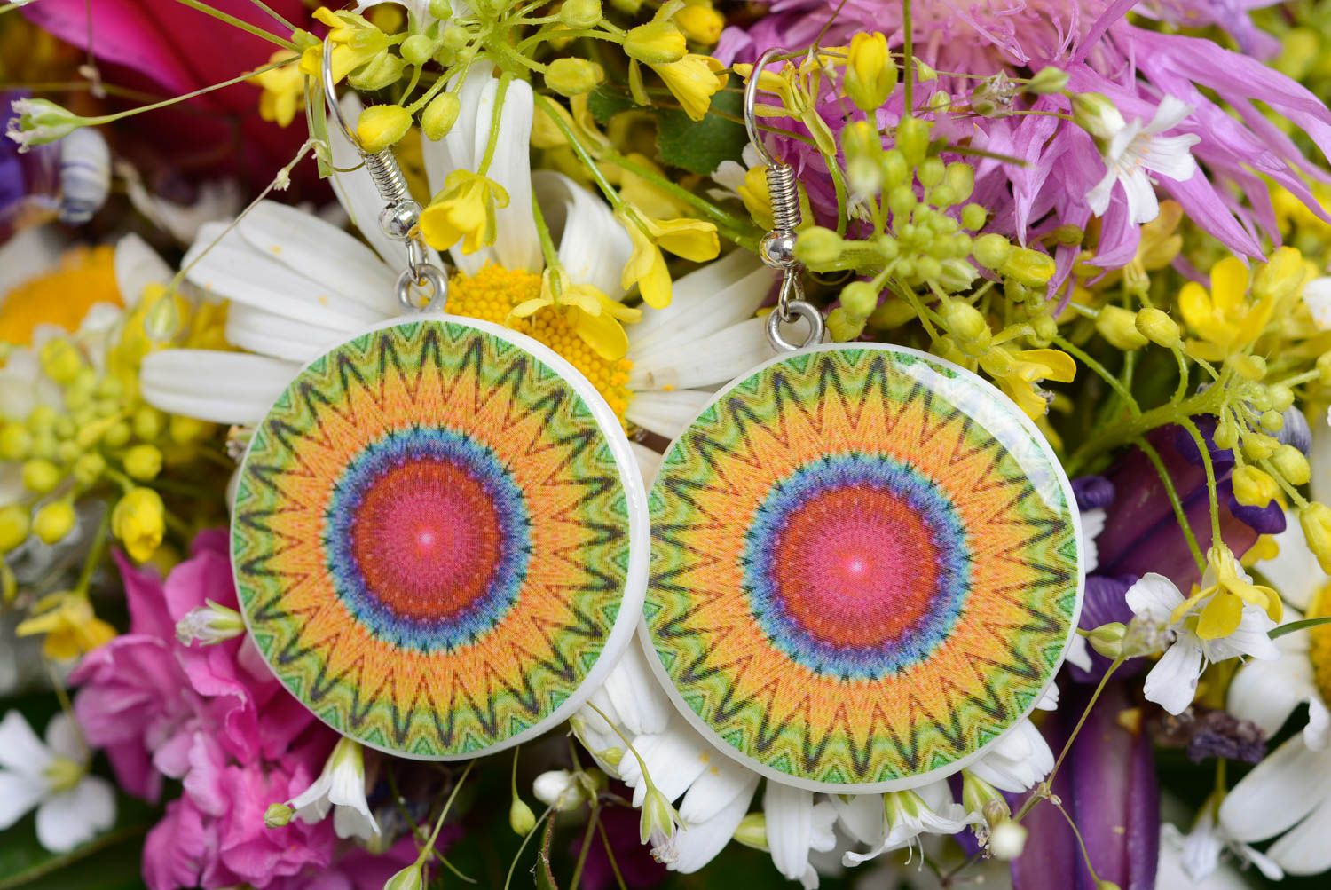 Beautiful bright handmade polymer clay round earrings with decoupage for summer photo 3