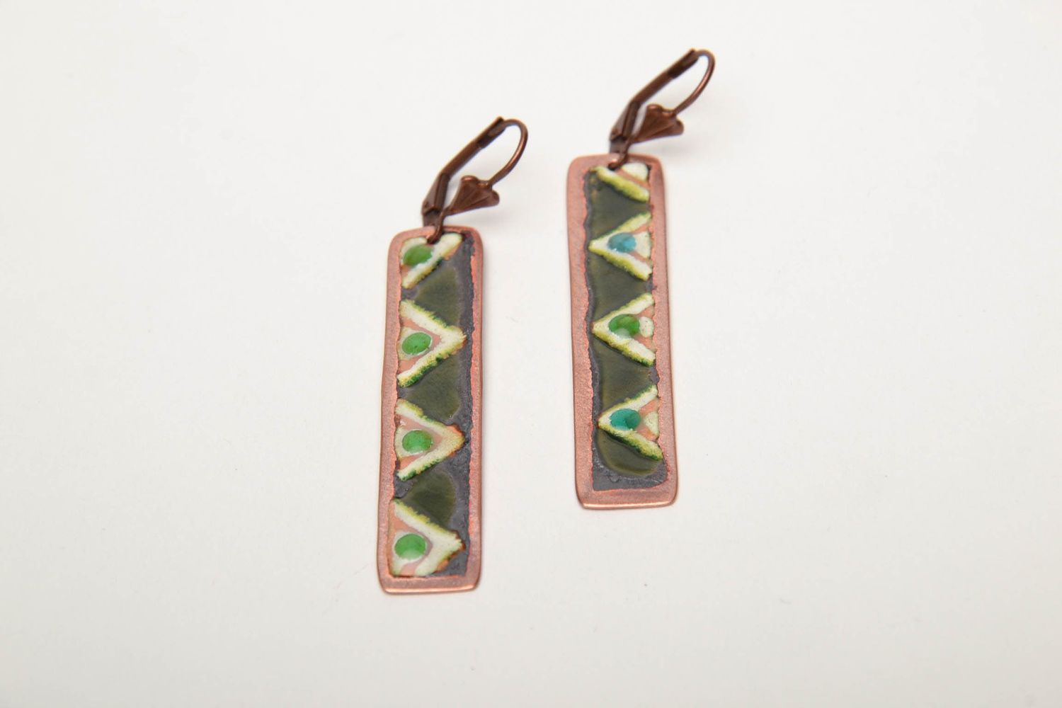 Long rectangular copper earrings with ornament made with enamels photo 3