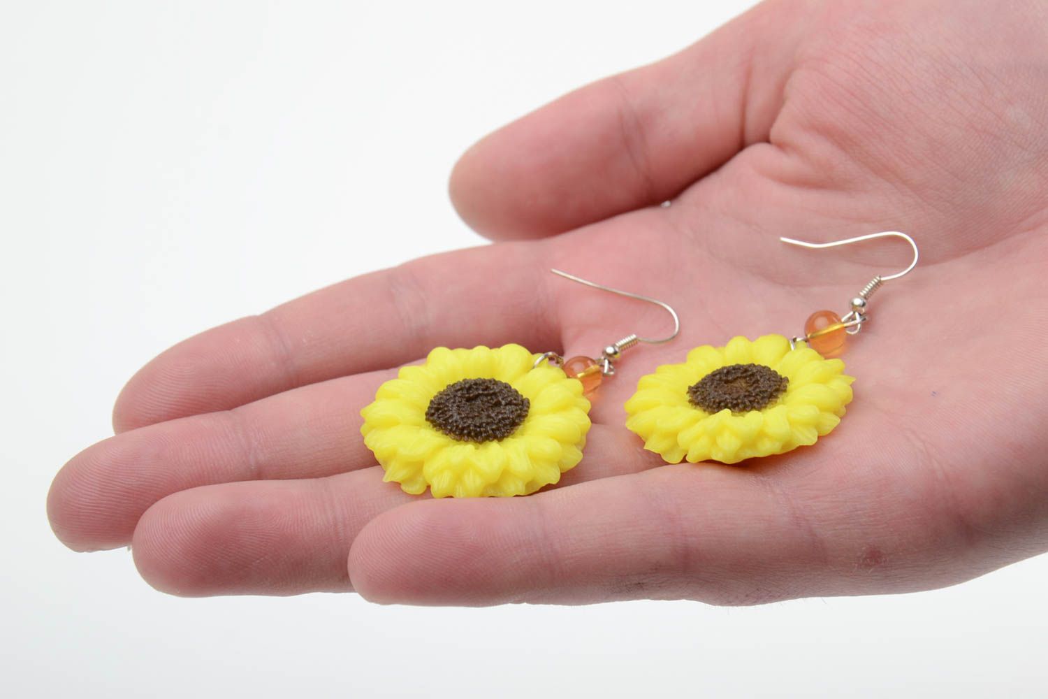 Handmade floral yellow and black polymer clay dangling earrings Sunflowers photo 2