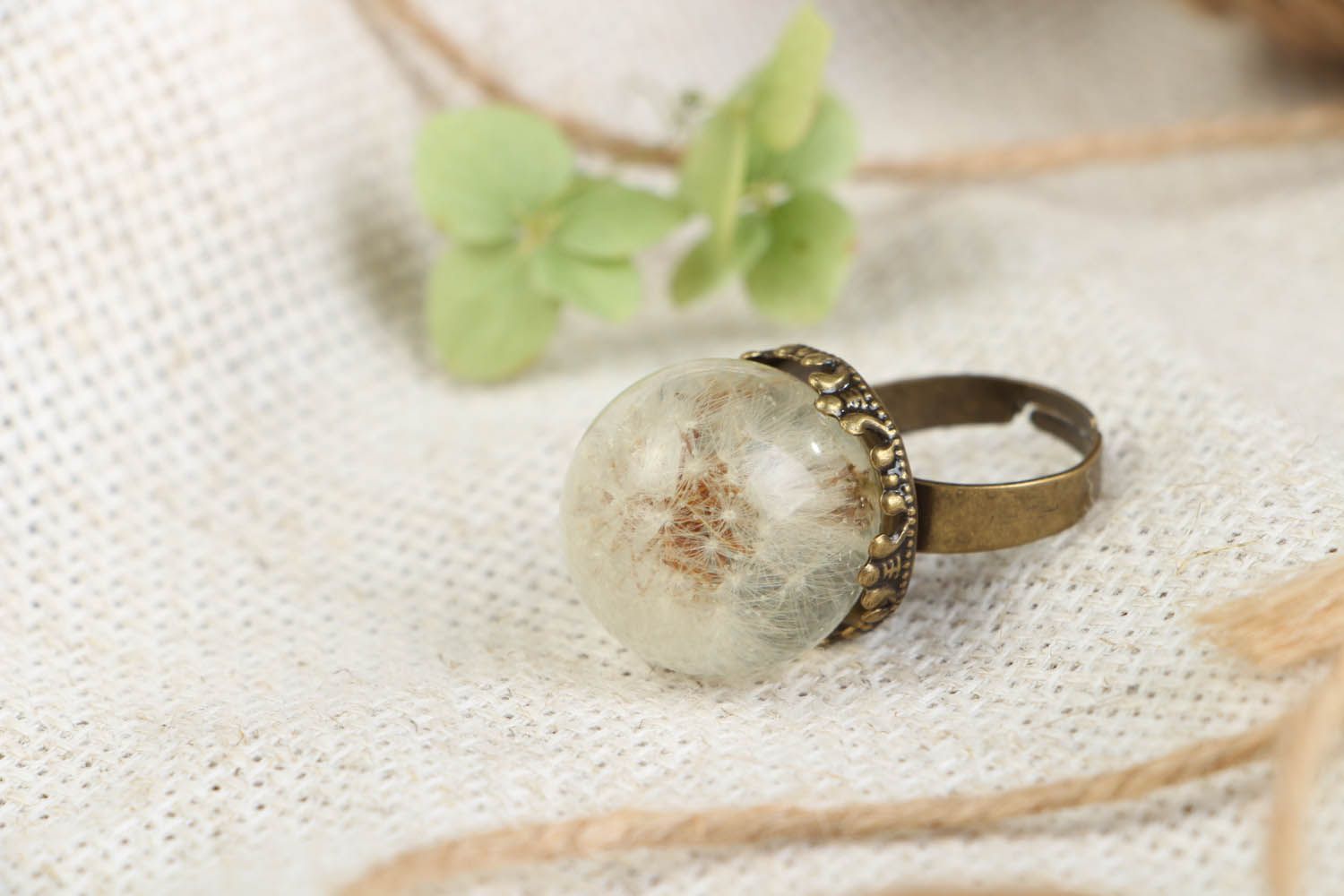 Ring with a natural dandelion coated with jewelry resin photo 1
