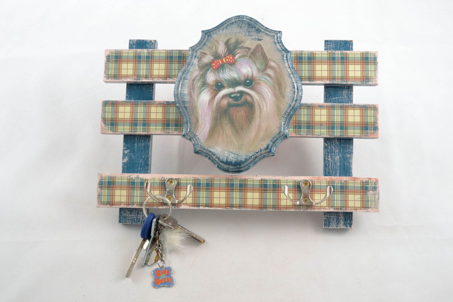 Accroche-clés mural en bois avec image de chien technique de serviettage fait main photo 1