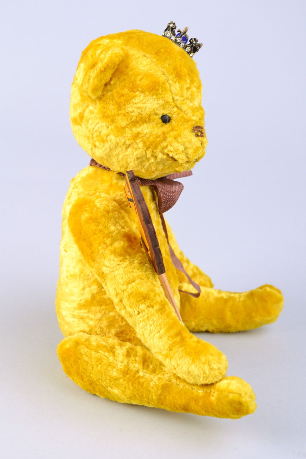 Handmade vintage soft plush toy bear of yellow color with silk bow and crown photo 5