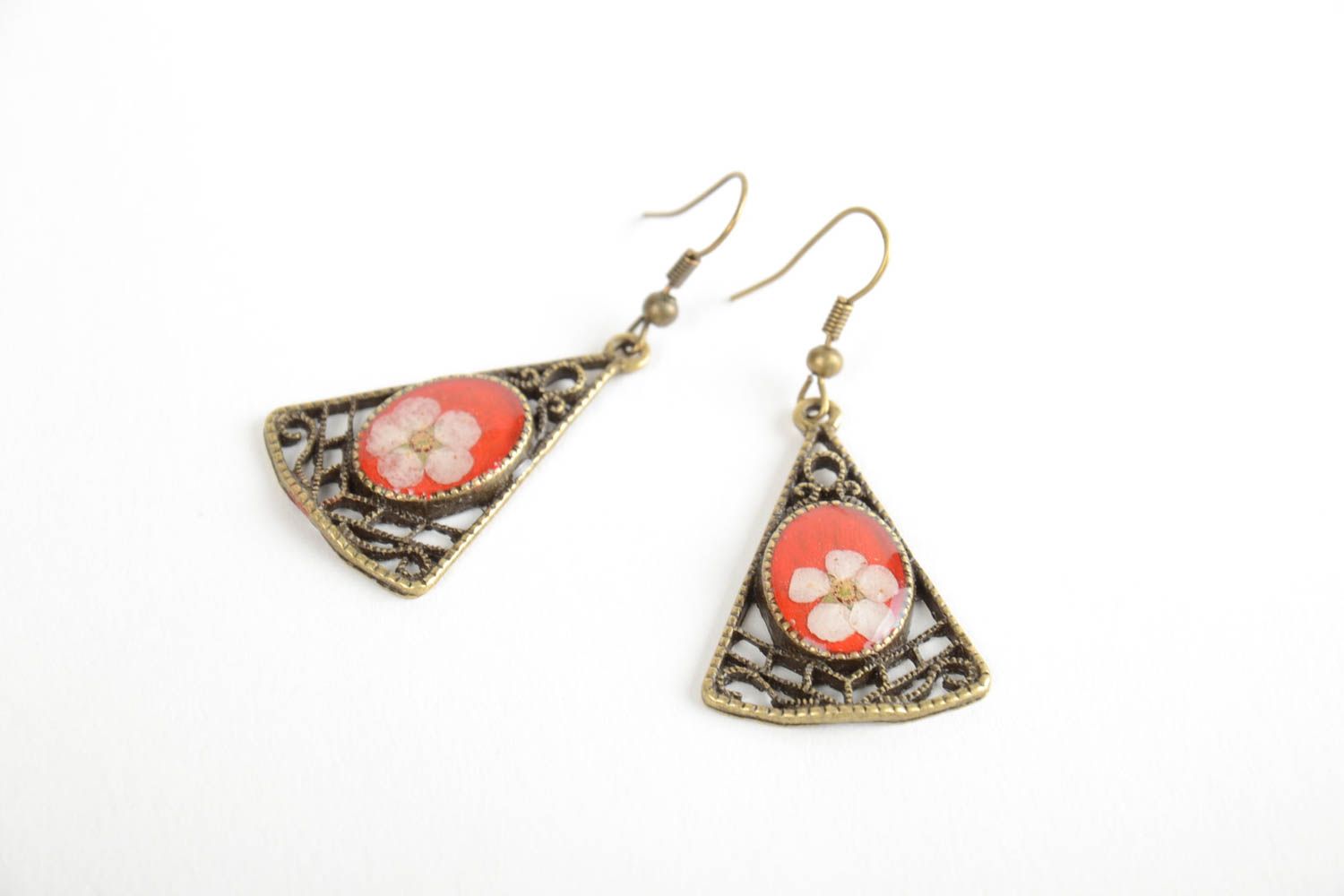 Beautiful red handmade earrings with real flowers and epoxy resin photo 5