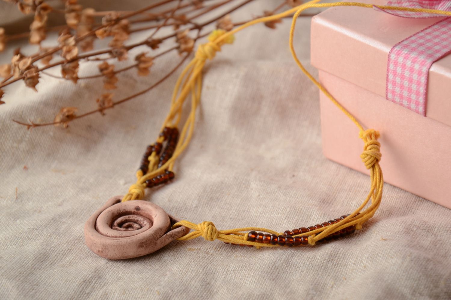 Handmade ceramic neck pendant with beads photo 1