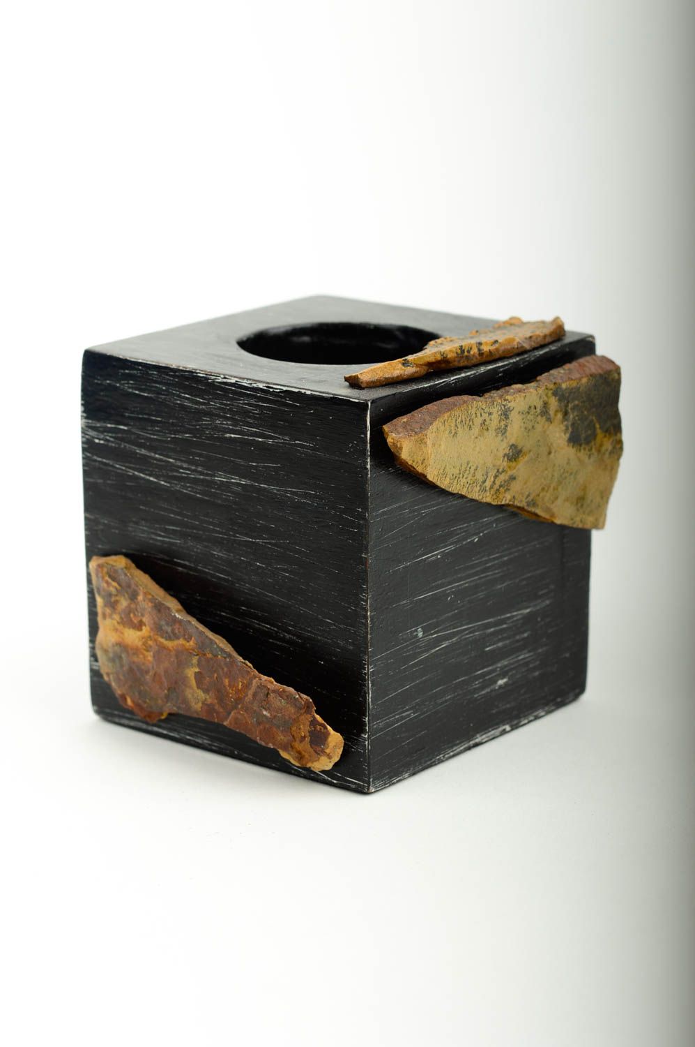 Bougeoir design Support bougie fait main noir en bois cube Cadeau original photo 3