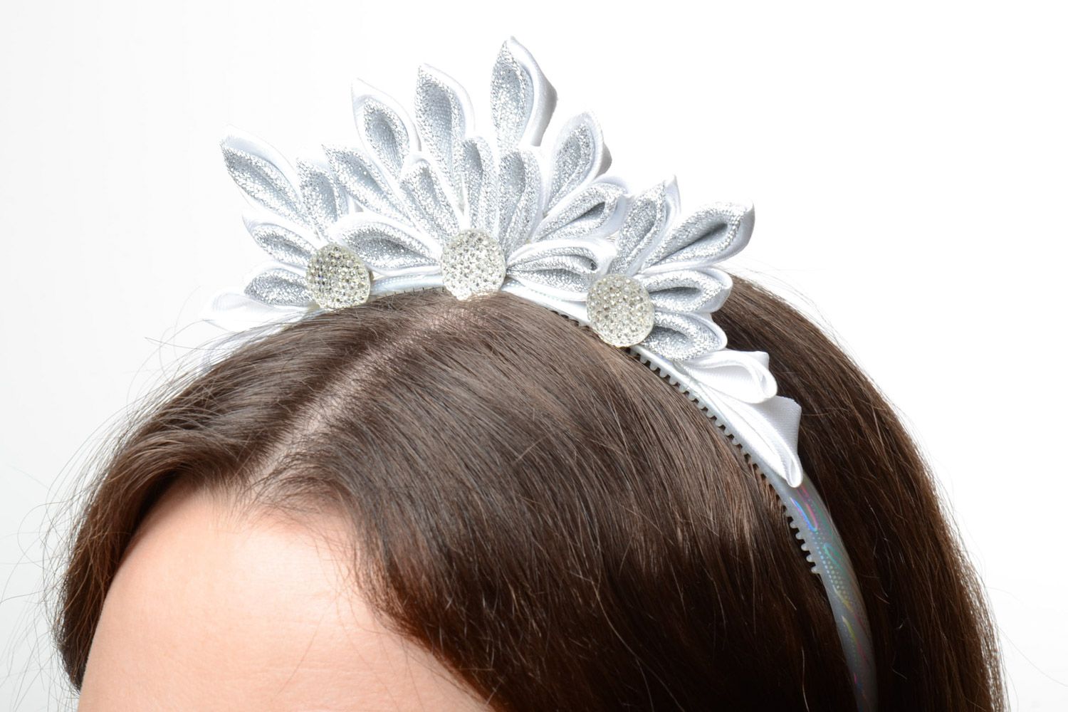 Thin headband with flower hand made of silver ribbons using kanzashi technique photo 1