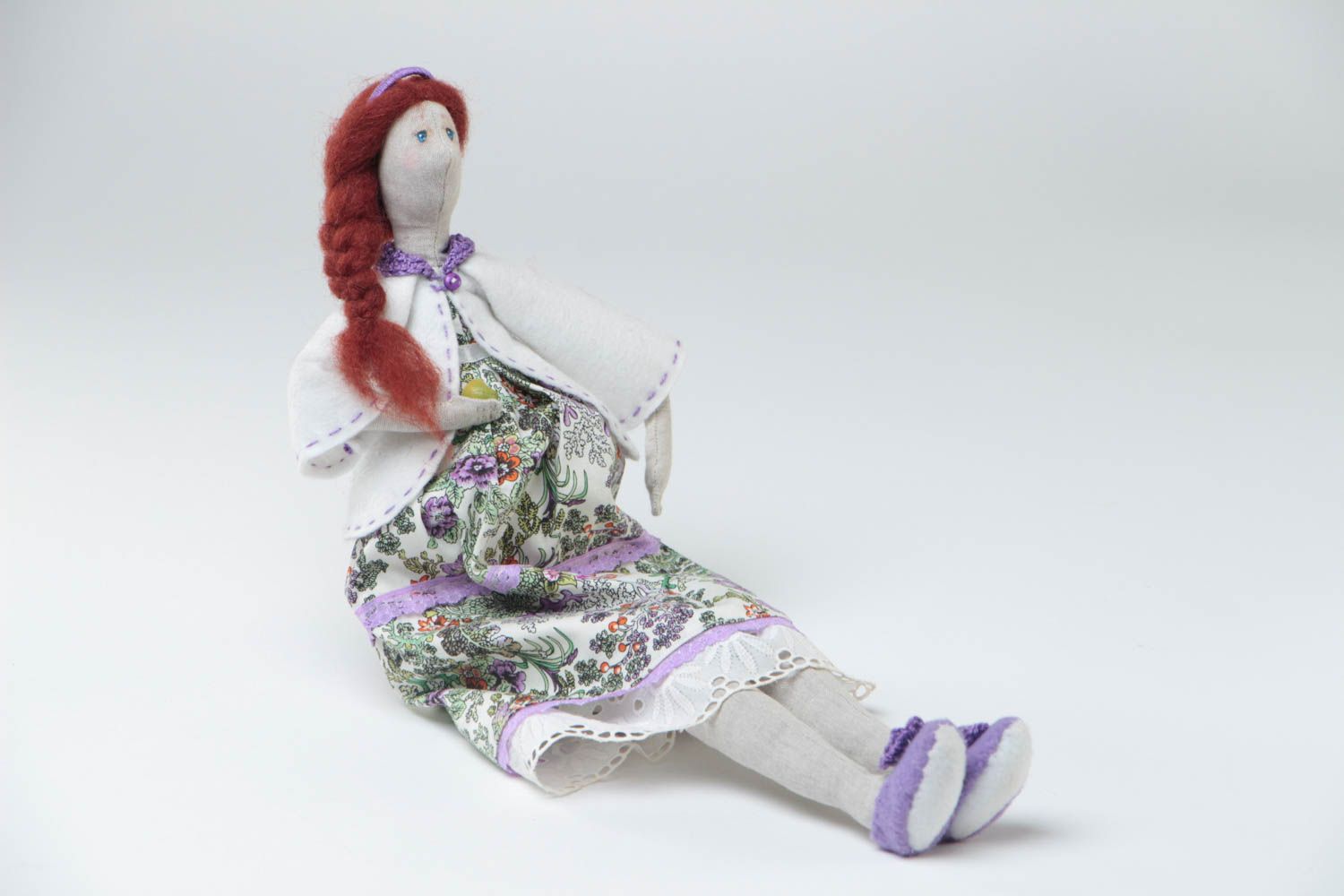 Handmade designer cotton and linen fabric soft doll in dress with floral pattern photo 2