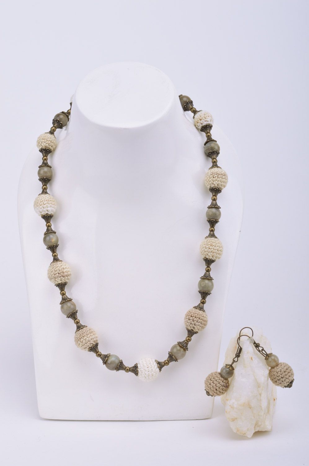 Set of handmade crocheted over jewelry 2 items gray bead necklace and earrings photo 1