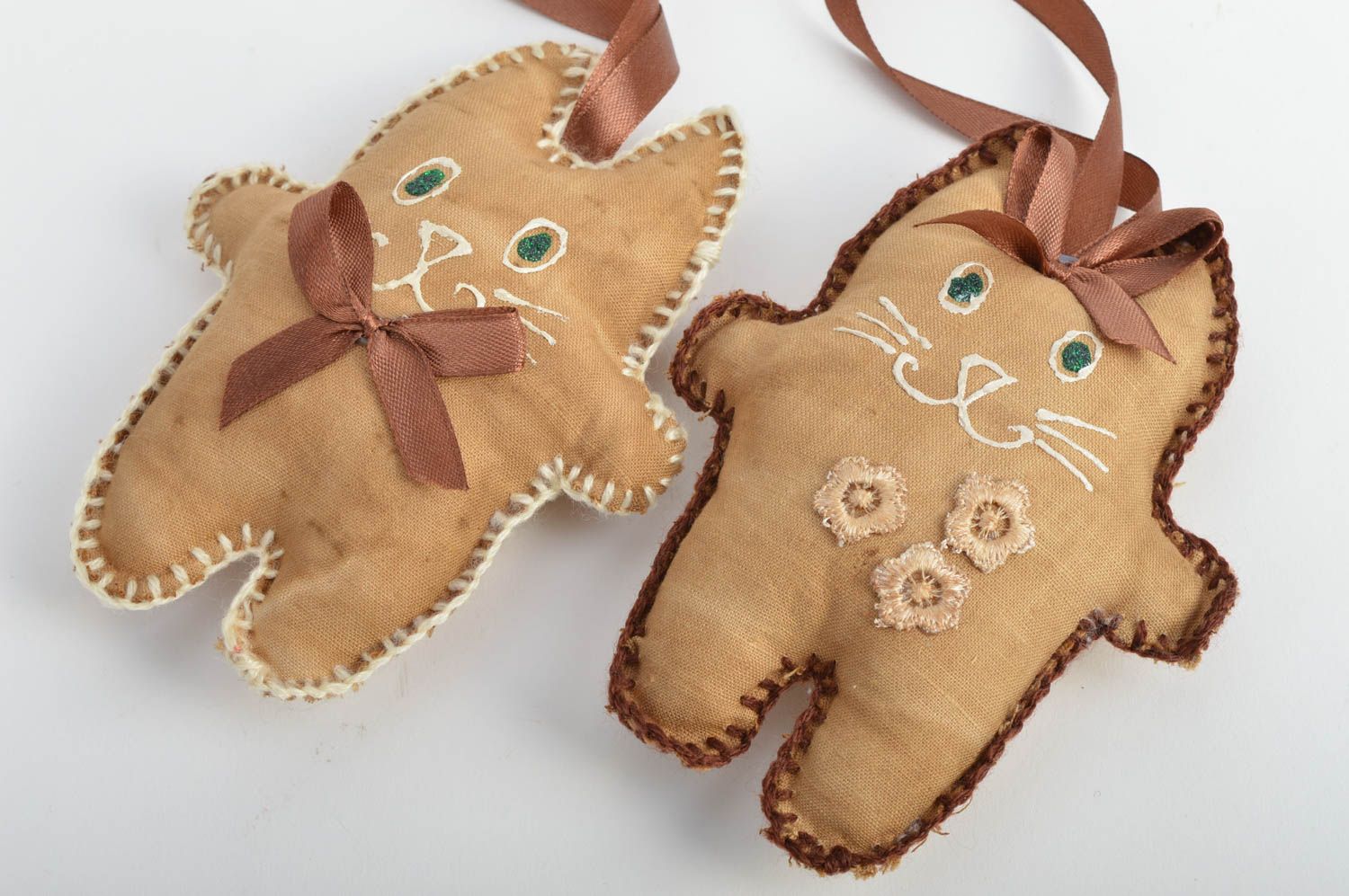Set of 2 handmade decorative interior fabric wall hanging soft toys brown cats photo 3