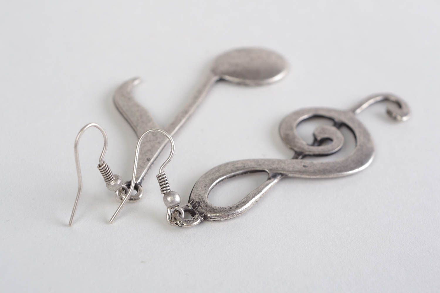 Unusual design handmade cast metal dangle earrings in the shape of notes photo 4