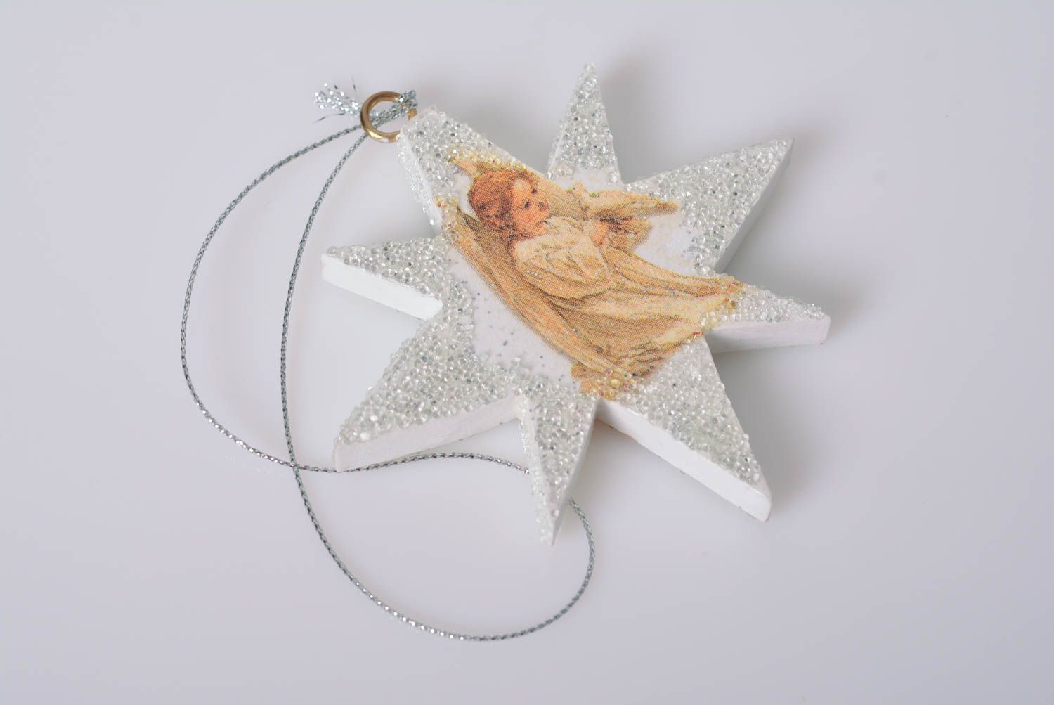 Suspension décorative étoile en bois avec ange faite main claire serviettage photo 3