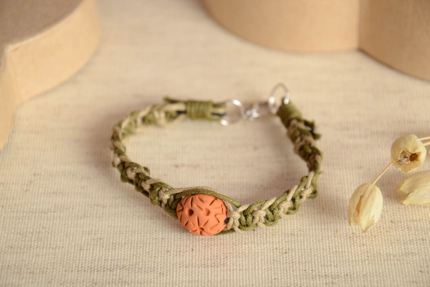 Stylish handmade braided cord bracelet wrist bracelet with clay bead gift ideas photo 2